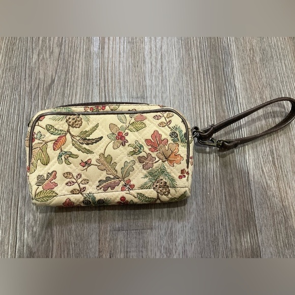 Longaberger Womens Quilted Brown Fall Leaves Floral Wristlet Pouch Wallet Zip - Picture 2 of 5